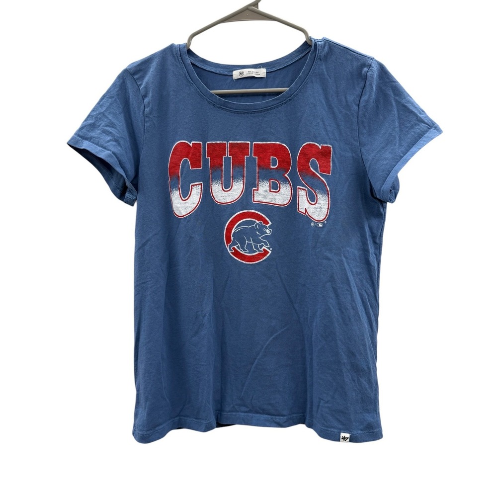 47 Brand Chicago Cubs T Shirt Womens M Blue Distressed Logo MLB Graphic Tee